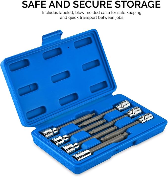 Neiko 10244A 3/8-Inch-Drive Extra-Long Ball-End Hex-Bit Socket Set, SAE Sockets 1/8" to 3/8", S2 Steel, 7-Piece Set