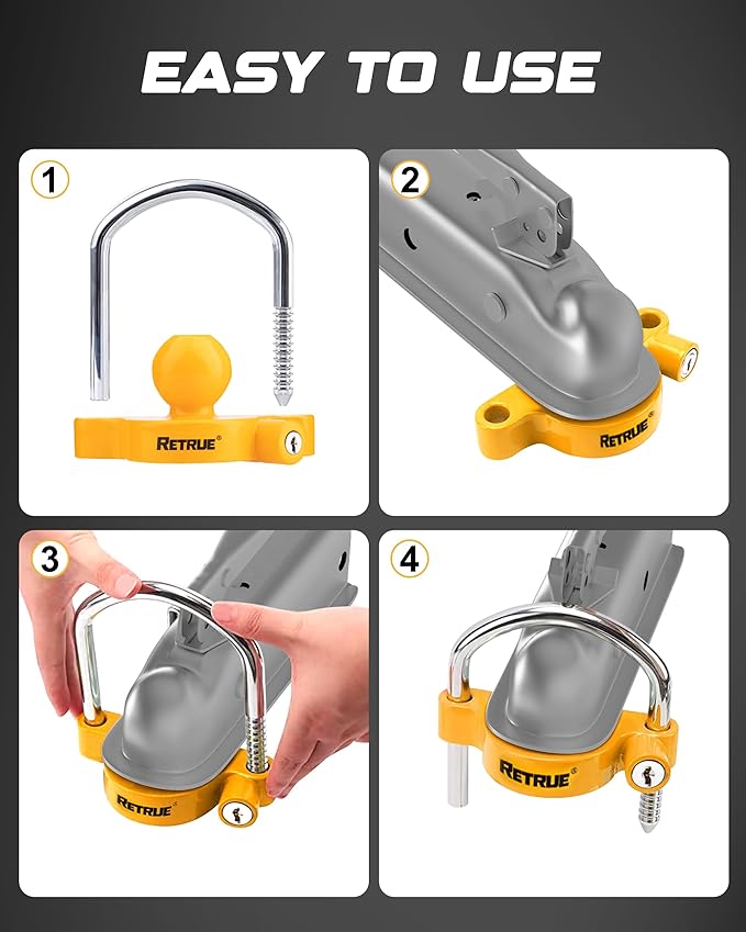RETRUE Universal Coupler Lock Trailer Locks Ball Hitch Trailer Hitch Lock Adjustable Security Heavy-Duty Steel Fits 1-7/8 Inch, 2 Inch, 2-5/16 Inch Couplers, Yellow