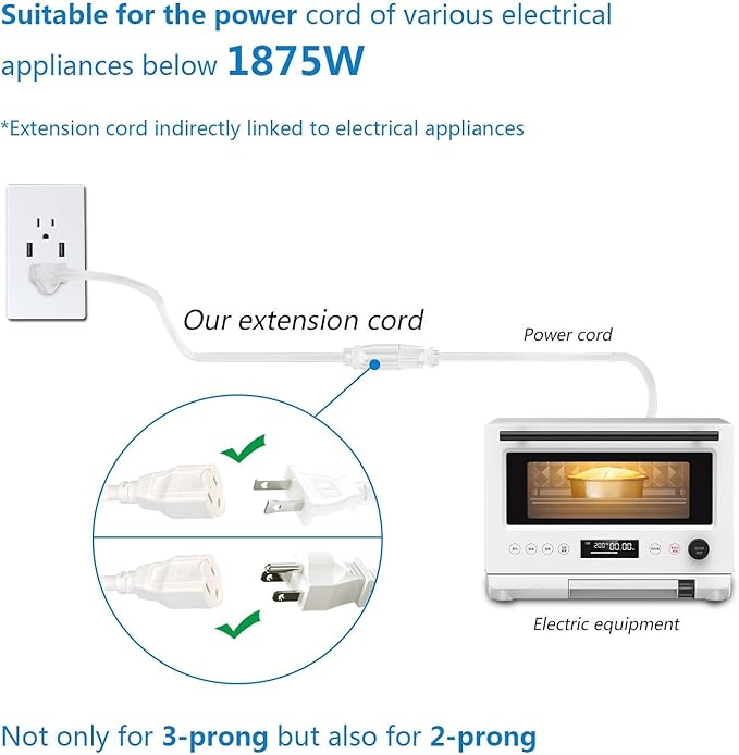 FIRMERST 10 Feet Extension Cord 14 AWG Heavy Duty 1875W 3 Prong White, UL Listed