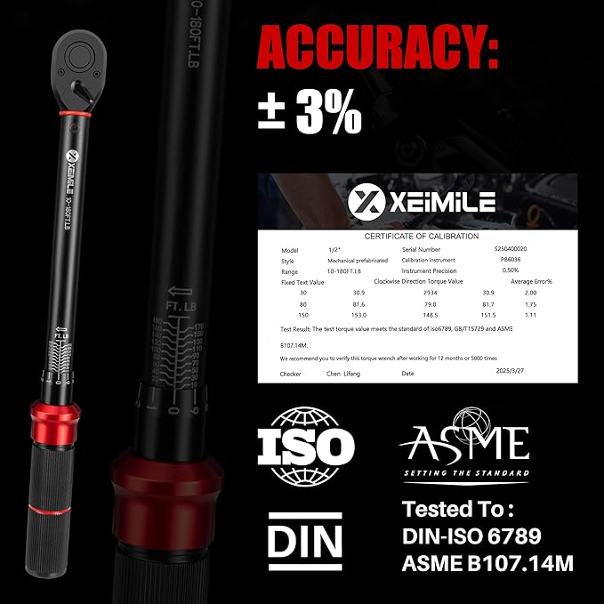 1/2-Inch Drive Click Torque Wrench - 10-180 Ft-Lb/13.6-244.1Nm, Dual-Direction Adjustable 72 Tooth Torque Wrench with Dual Range Scales, High 3% Precision for Bike, Motorcycle and Car Repair
