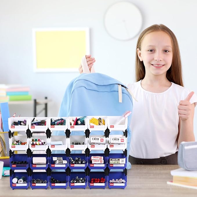 Stackable Parts Organizer 24 Pack (5x4x3 Inch), Small Parts Bins Wall Mounted Hanging Storage Bins for Screw, Hardware, Garage, Workbench & Office (Blue & White)