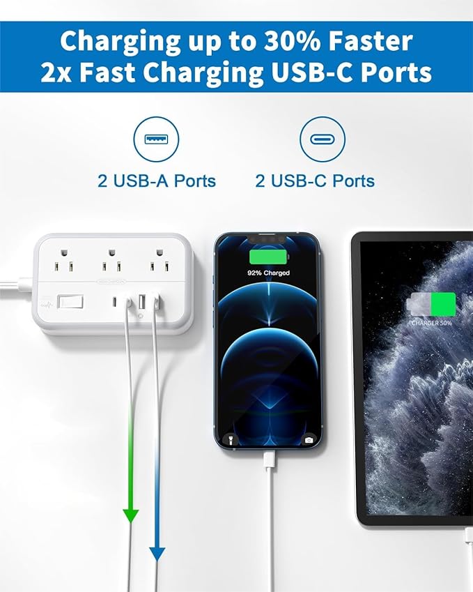 10 ft Flat Extension Cord, Flat Plug Power Strip with 6 Outlets 4 USB Ports, Wall Mounted Outlet Extender, Overload Protection for Indoor, Home, Office Supplies, Dorm Room Essentials