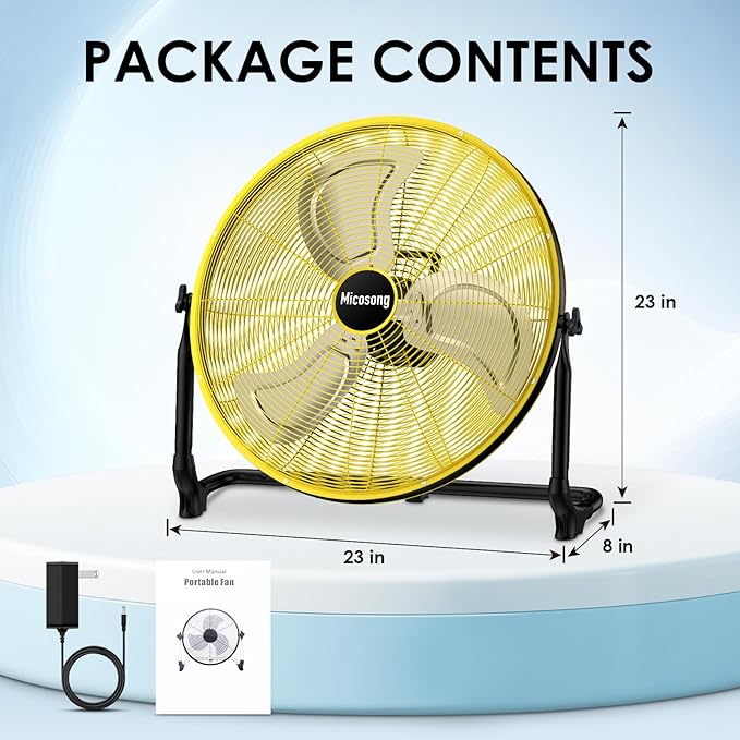 20" Large Battery Fan, Portable Battery Operated Floor Fan, Rechargeable Battery Powered Fan Outdoor, 360° Tilt, USB Output, Wireless, Hi-Airflow, for Home Garage Greenhouse Outside Gym