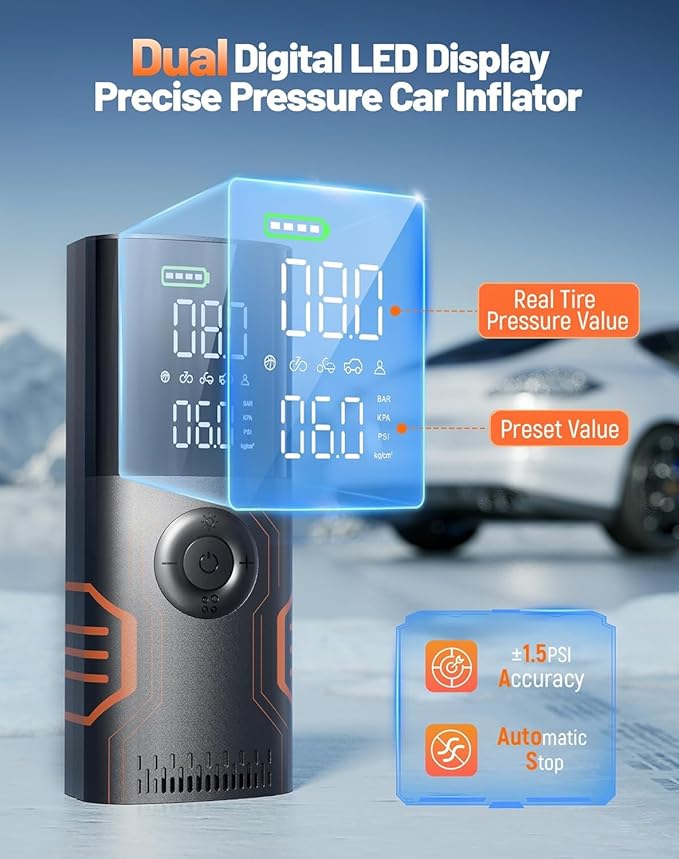 Tire Inflator Portable Air Compressor - Smart APP Air Pump for Car Tires, All-in-One Storage Portable Tire Pump for Car, 3X Speed & Automatic Stop Inflation, for Car, Motorcycle, Bicycle, Ball