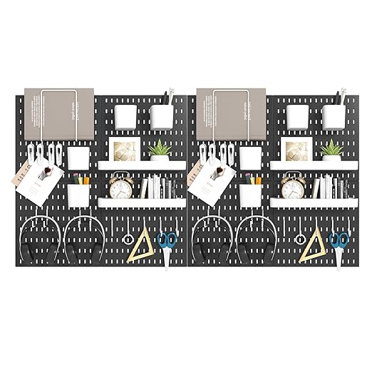 Peg Board Combination Kit, 8 Pegboards with 40 Accessories, Pegboard Wall Organizer for Office, Nursery & Home Storage, Key Holder, 51.2"x25.6" – Nail-Free Installation(Black)