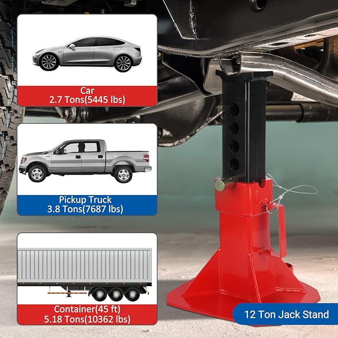 Heavy Duty Pin Type Professional Car Jack Stand with Lock, Automotive Jack Stands for Supporting Trucks Trailers Car, Adjustable Height 11"-18", 12 Ton (26,400 Lb) Capacity, Red, 1 Pair