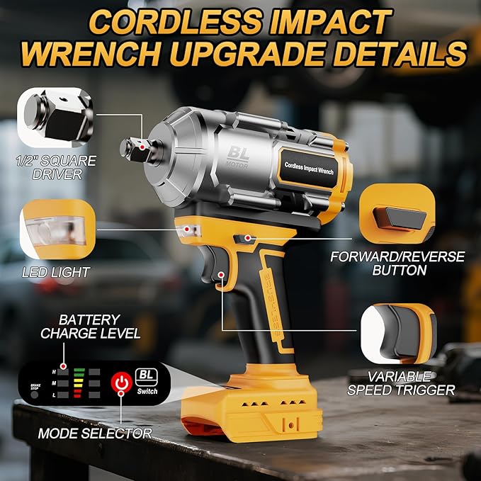 Labfintom Cordless Impact Wrench 1/2 Inch for De-Walt 20V Battery, 1200N.m High Torque Brushless Electric Impact Gun, 3-Speed, 5 Sockets, Power Impact Driver for Car Tires, Auto Repair(No Battery)