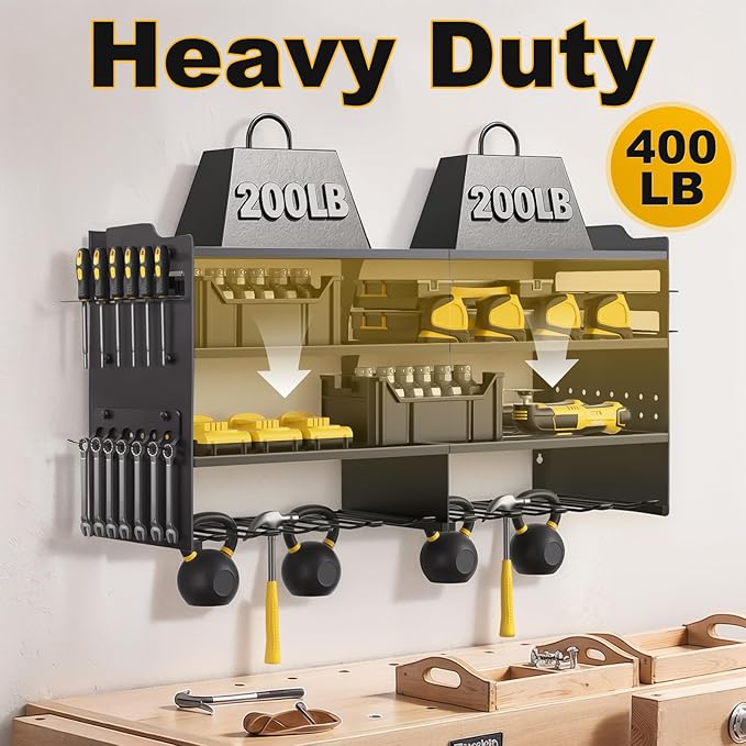 oviitech Large Power Tool Organizer Wall Mount, 8 Drill Holder Wall Mount Loads 400lbs, 4 Layer Heavy Duty Metal Power Tool Storage, Black, Utility Rack for Garage Workshop, Gifts for Men
