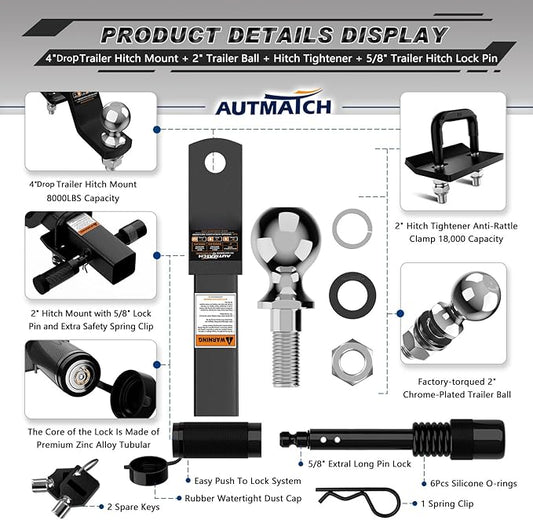 AUTMATCH Trailer Hitch Ball Mount with 2 Inch Hitch Ball - Fits 2" Receiver with Hitch Tightener, 8000Lbs Capacity Ball Hitch, 4-Inch Drop with 5/8" Hitch Lock Pin, Frosted Black