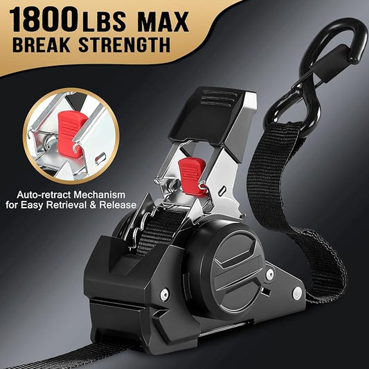 10FT Retractable Ratchet Straps(4-Pack) - 1 Inch (1800 LB Break Strength) Heavy Duty Self Retracting Ratchet Straps with Soft Loops & Storage Bag for Household, Motorcycle, Truck, ATV(Black)