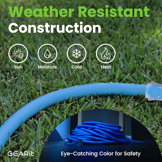 GEARit 100 Ft Extension Cords 12/3 Gauge Outdoor/Indoor Triple Outlet SJEOW 12 AWG 3 Prong Heavy Duty Power Cable 15A 125V 1875W for Lawn, Garden, Appliances Blue