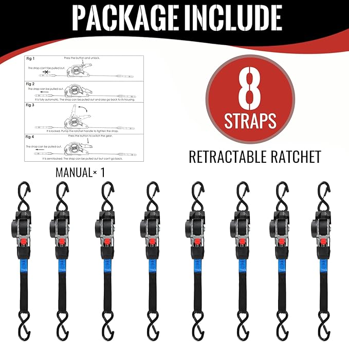 TLGREEN Retractable Ratchet Straps,Black,8 Pack,1” x 10’1650lb Break Strength Heavy Duty Auto Self Retracting Tie Down Straps for Truck, Cargo, Motorcycle, ATV, UTV,Boat