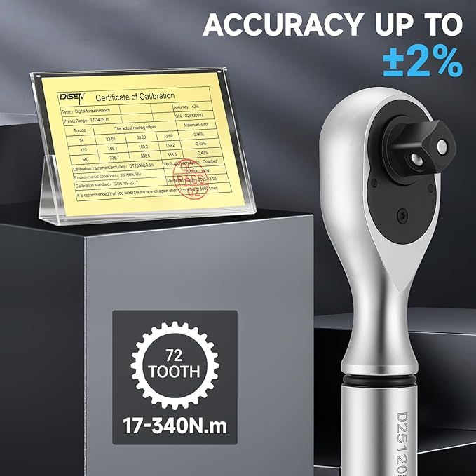 DISEN 1/2 inch Digital Torque Wrench (17-340 N.m / 12.5-250.8 Ft.lb), ±2% Accuracy, 4 Modes with Adjustable Limits, Blue/Red Alarm & Buzzer, 5 Units, for Automotive Motorcycle Bicycle Repair