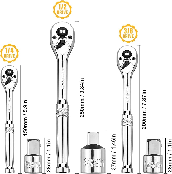 3/8 Ratchet Socket Wrench, 90-Tooth Reversible Mini Ratchet Wrench with Adapter, Quick Release, Full Polished Ratchets, Chrome Alloy Made 3/8 inch Small Socket Wrench Set