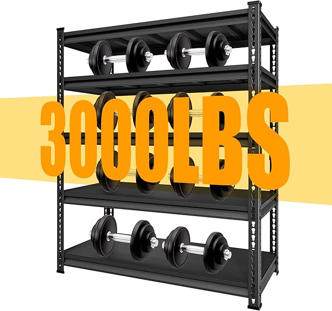 5-Tier Heavy Duty Metal Garage Shelving Unit, 48"W x 24"D x 78"H, 3000 lbs Capacity, Black, Industrial Style