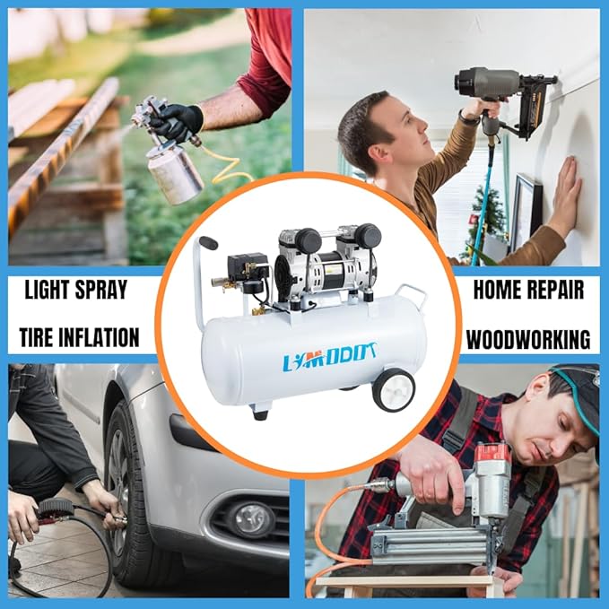 Quiet Air Compressor, Only 68dB, 8 Gallon Steel Tank, 2.8CFM @ 90PSI, Oil-Free, Electric Air Compressor Perfect for Woodwork Nailing, Garage, Car, Pneumatic Tool, Includes 11 Accessories