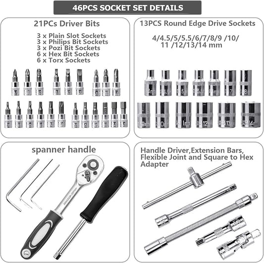 46PCS 1/4 inch Drive Socket Set,Metric Ratchet Wrench Set with 4-14mm CR-V Sockets,S2 Bits,Extension Bars,Mechanic Tool Kits for Household Auto Repair