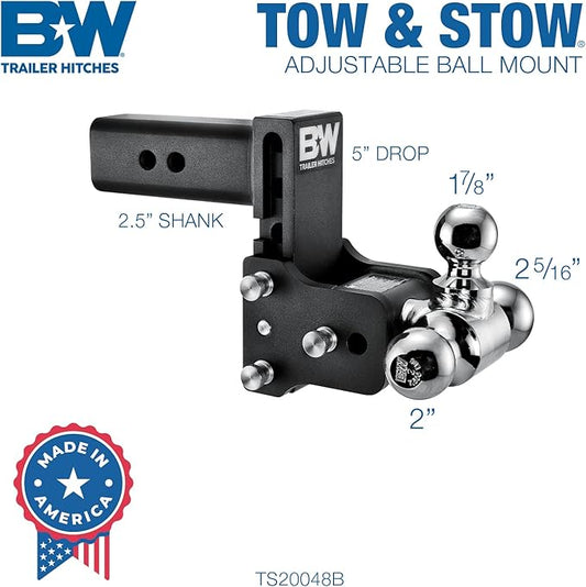 B&W Trailer Hitches Tow & Stow Adjustable Trailer Hitch Ball Mount - Fits 2.5" Receiver, Tri-Ball (1-7/8" x 2" x 2-5/16"), 5" Drop, 18,000 GTW - TS20048B