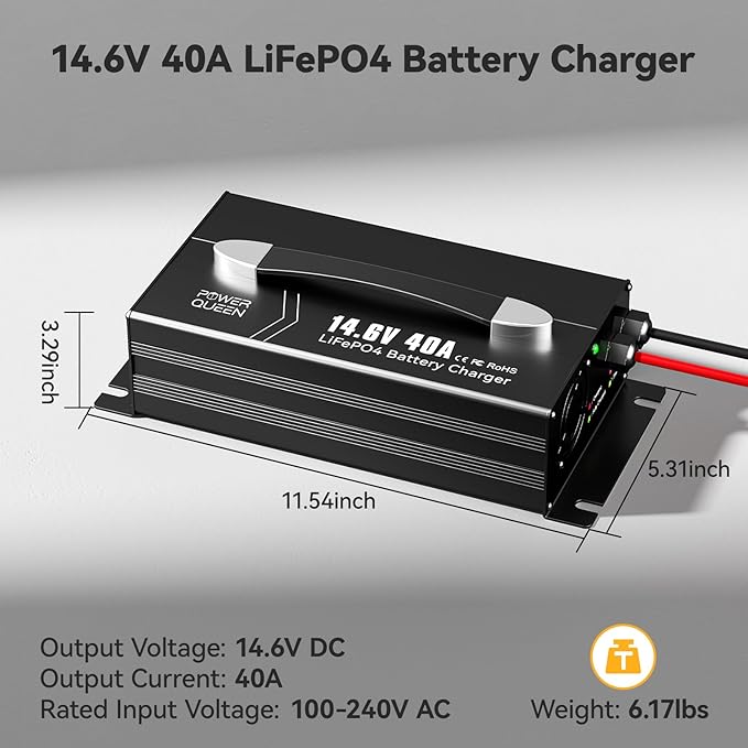 Power Queen 14.6V 40A Lithium Battery Charger, Intuitive Charging Values & 3 Status LED Display, Fast Charging Automotive 12V Battery Charger Maintainer for Lithium Battery with 4 Protection Functions