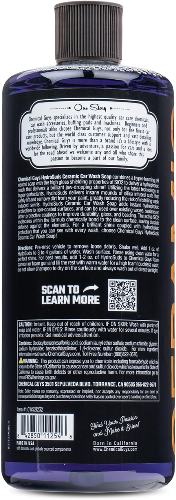 Chemical Guys HydroSuds Ceramic Shine High Foaming Car Wash Soap (Works with Foam Cannons, Foam Guns or Bucket Washes) For Cars, Trucks, Motorcycles, RVs & More, 32 fl oz, Berry Scent - CWS21232