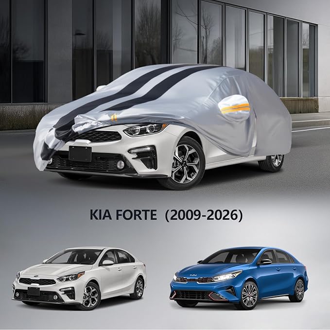 Multi-Layer Car Cover Custom Fit for Kia Forte(2009-2026), 100% Waterproof All Weather for Automobiles, Gift with Towel, Heavy Duty Car Covers for Rain Sun UV Protection with Door Zipper
