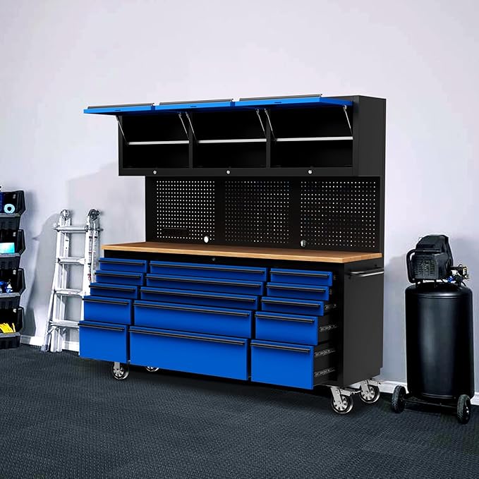 CHETTO C 72-Inch Tool Chest with Wheel Lock 15 Storage Drawers 3 Upper Cabinet Pegboard with Power Outlet for Large Warehouse Garage Toolbox