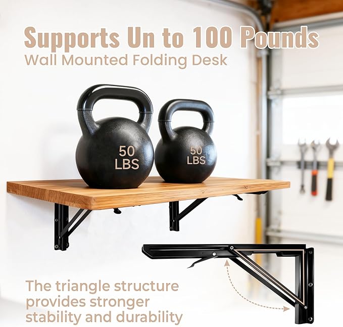 Wall Mounted Folding Table –Great for Garage wall desk ,Laundry Room wall table ,Home Wall Mounted Folding Workbench & Suitable for Solid Wall Holds Up to 100 LBS , Space-Saving – (15.7" x 31.5")