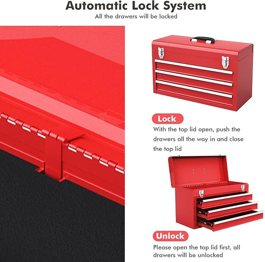 Goplus Tool Box, Portable 20” Tool Boxes with 3 Drawers, Top Tool Tray, Metal Lock Latch, Protective Liner, Auto Locking, Heavy Duty Steel Toolbox for Garage, Workshop, Mechanic