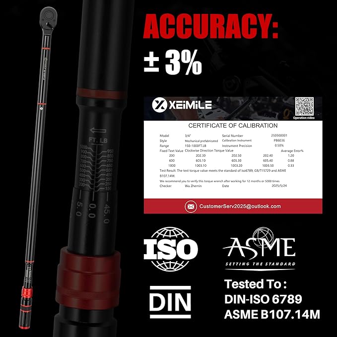 3/4-Inch Drive Click Torque Wrench - 150-1000 Ft-Lb/203.3-1355Nm, Dual-Direction Adjustable 48 ToothTorque Wrench, Accuracy 3% for Car, Truck, Tractor, Maintenance and Product Assembly