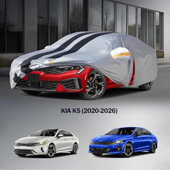 Multi-Layer Car Cover Custom Fit for Kia K5(2020-2026), 100% Waterproof All Weather for Automobiles, Gift with Towel, Heavy Duty Car Covers for Rain Sun UV Protection with Door Zipper
