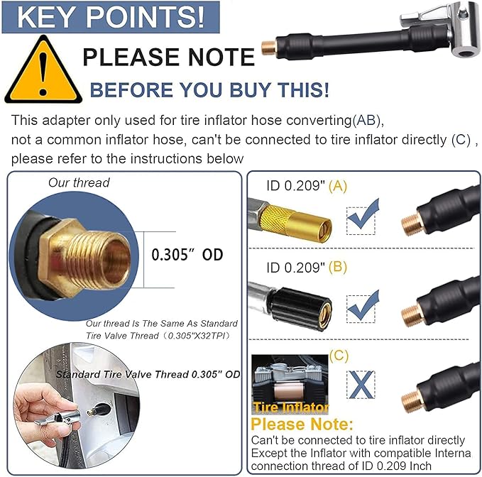 Flexible Extension Tire Valve Adaptor, air Hose inflator Adapter, Standard tire Valve Thread Quick Connect and Release, Self Locking, for Car Truck Motorcycle Bike,1PC