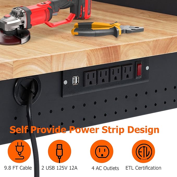 GarveeTech Adjustable Workbench for Garage, 48 in Rubber Wood Top Workbench With Drawer Storage Pegboard, 2000 LBS Load Capacity, Heavy Duty Workstation With Power Outlets & Wheels, Tool Storage Bench