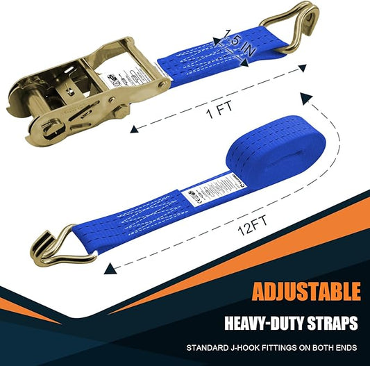 1.5 inch Ratchet Straps Heavy Duty 8 Pack 1-1/2 in x 12ft Cargo Load Tie Down Strap Double J Hook Blue 2200lbs Working Load for Trucks