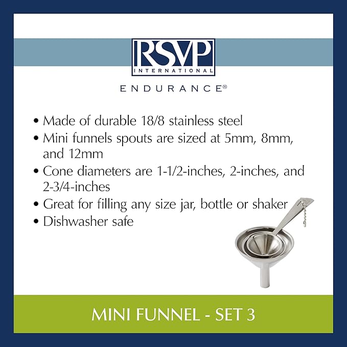 RSVP International Endurance Collection Kitchen Spice Jar/Oil Bottle Funnel, Stainless Steel and Dishwasher Safe, Mini Set, Various Sizes
