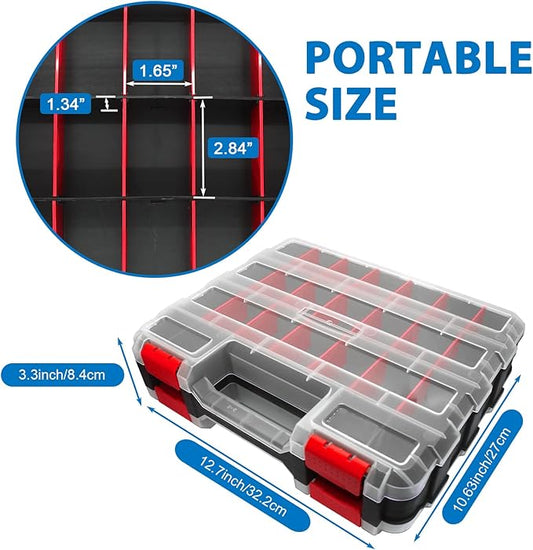 Double Side Tool Box Organizer, Hardware Storage Box, Portable Small Parts Organizer with Removable Plastic Dividers for Screws, Nuts, Nails, Bolts (Red)
