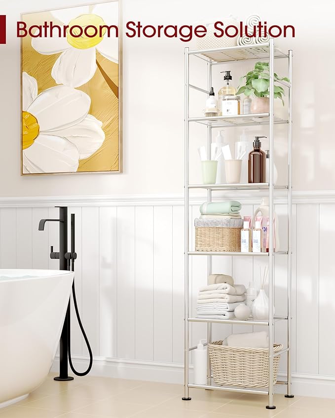 Sakugi 6-Tier Metal Storage Shelves - Slim Shelf Organizer with Reinforced Side Bars, Spacious Storage for Kitchen, Bathroom, and Laundry Room Organization, 18.2" x 12.5" x 70.1", Silver