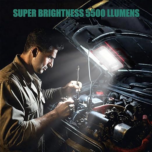 HYCHIKA 50W LED Work Light, 5500 Lumen Portable Flood Lights with Stand, 5000K Daylight for Outdoor, Indoor, Car Repair, Work Shop, Construction Site, Job Site