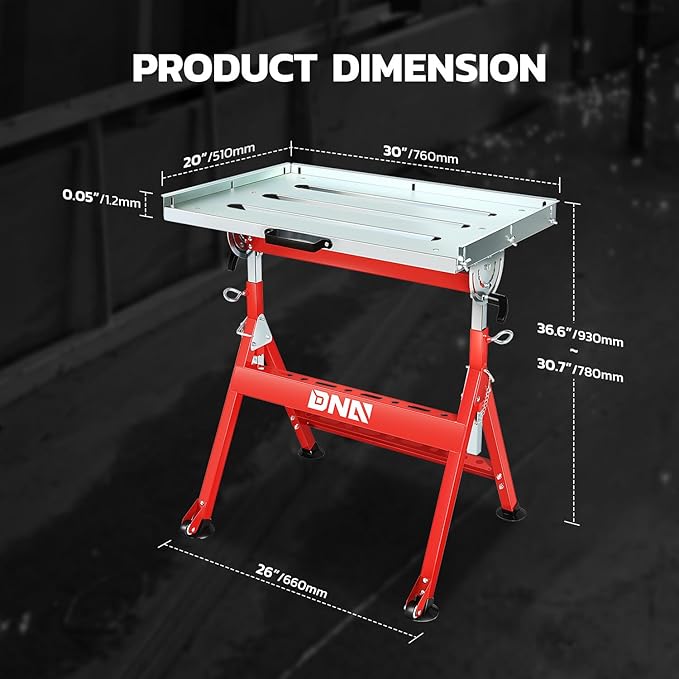 DNA Motoring Carbon Steel Welding Table 29.5in x 19.3in 400lbs Loding Capacity, Adjustable Angle & Height, Portable Work Bench with 2 Fixed Wheels, TOOLS-00461