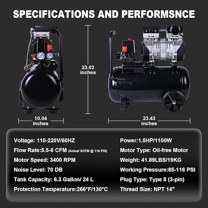 AAIN 6.3 Gallon Air Compressor | 1.5 HP 5.5-6 CFM Displacement Oil-Free Electric Compressor Tank with Max. 116PSI Pressure | 70dB Ultra Quiet for Tire Inflation, Air Blowing, Woodwork Nailing