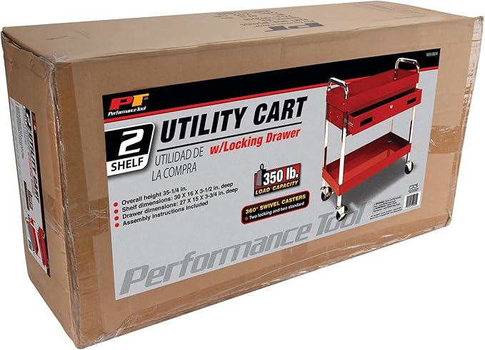 Performance Tool W54004 Two Shelf Utility Cart with Drawer
