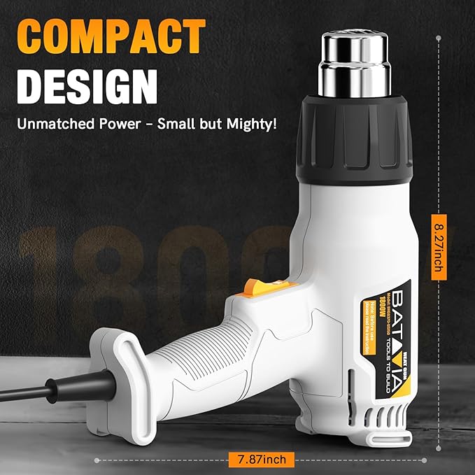 Heat Gun - BATAVIA Dual Protection Fuses 1800W Heavy Duty Fast Heat Hot Air Gun with 752℉&1112℉ Dual-Temperature Settings and 4 Nozzles with Overheat Protection for Crafts, Vinyl Wrap, Shrink Tubing