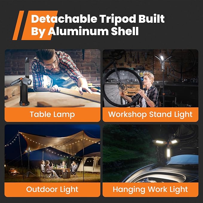 gogonova 2026 Rechargeable Work Light with Stand, 4 in 1 Cordless Camping Light, 700/1200/2200 Lumens, 4000/6500K Dimmable LED Work Lamp with Detachable Tripod(Grey)