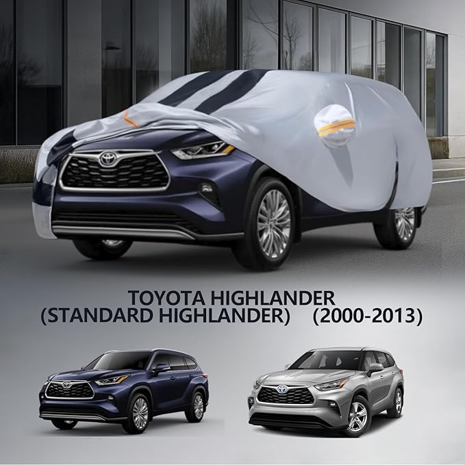 Multi-Layer Car Cover Custom Fit for Toyota Highlander(2000-2026), 100% Waterproof All Weather for Automobiles, Gift with Towel, Heavy Duty Car Covers for Rain Sun UV Protection with Door Zipper
