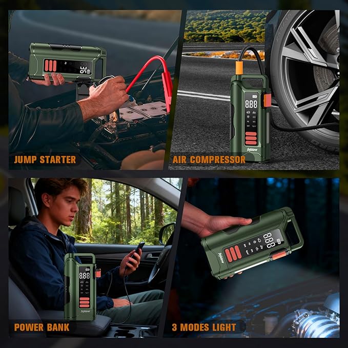 Jump Starter with Air Compressor,5000A Car Battery Jumper Starter, 16000mAh Battery Jumper Starter Portable for 10L Gas/Diesel Engine with 160PSI Booster,LED Display & Light,Jumper Cables