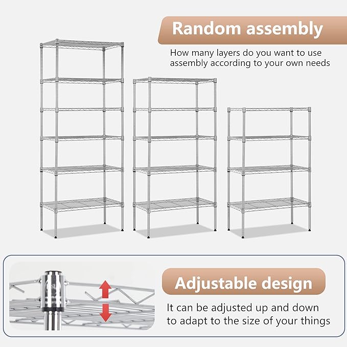 FDW 6 Tier Wire Shelving Units 23L x 13W x 59H Adjustable Metal Storage Rack NSF Pantry Shelves Kitchen Organization Shelf for Kitchen Garage Small Places Commercial,Chrome