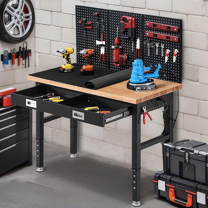 ENJOYWOOD Work Bench with Storage Adjustable Workbenches with Drawer for Garage 48 Inch Rubber Wood Top Garage Workbench with Pegboard, Power Outlets for Woodworking,Home, Office, Workshop