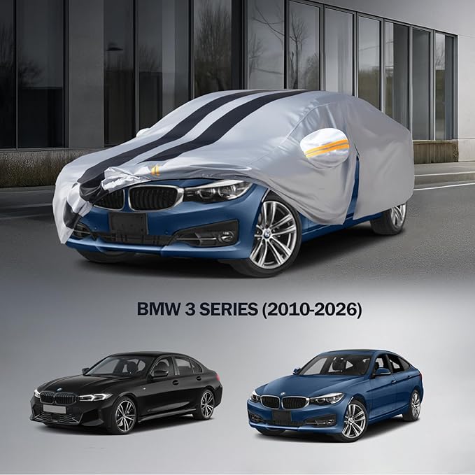 Multi-Layer Car Cover Custom Fit for BMW 3 Series 320i/325i/328i/330i/335i(2010-2026), 100% Waterproof, Gift with Towel, Heavy Duty Car Covers for Rain Sun UV Protection with Door Zipper