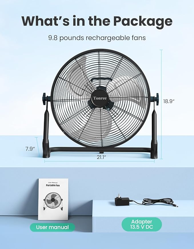 18" Portable Battery Operated Floor Fan, Hi-Velocity Rechargeable Cordless Fan, USB Phone Charge, 12-60H Runtime, Quiet, Wireless, Hi-Airflow, For Camping Home Gym Patio Outdoor Summer Gazebo