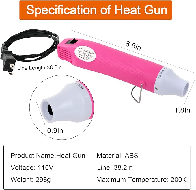 Mini Heat Gun,300W Portable Hot Air Gun Electric for DIY Acrylic Resin Craft, Dryer Crafts Handheld Heat Gun for Cup Turner, Shrink Wrapping, Crafts Embossing, Resin Bubble Remover (Pink)