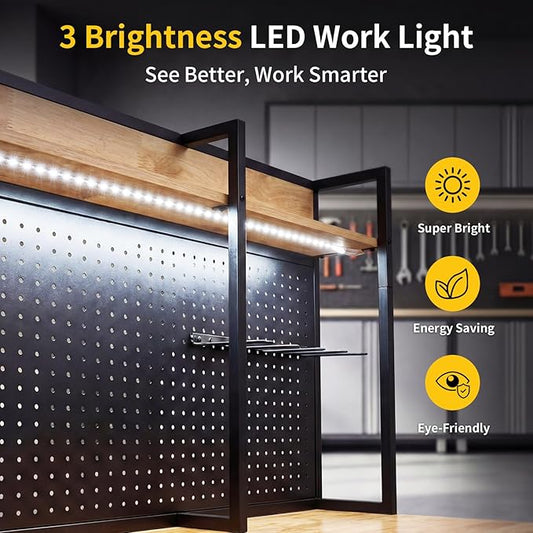 48" Heavy-Duty Garage Workbench with LED Light & Power Outlet, 1200LB Capacity Tool Table with Pegboard, Storage Shelves, USB & Type-C Ports for Woodworking Shop, Garage, Home